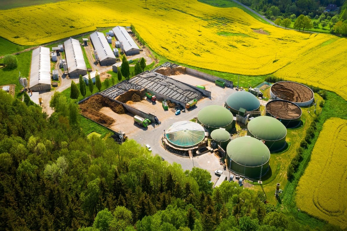 impianto di produzione di energia con le biomasse visto dall'alto